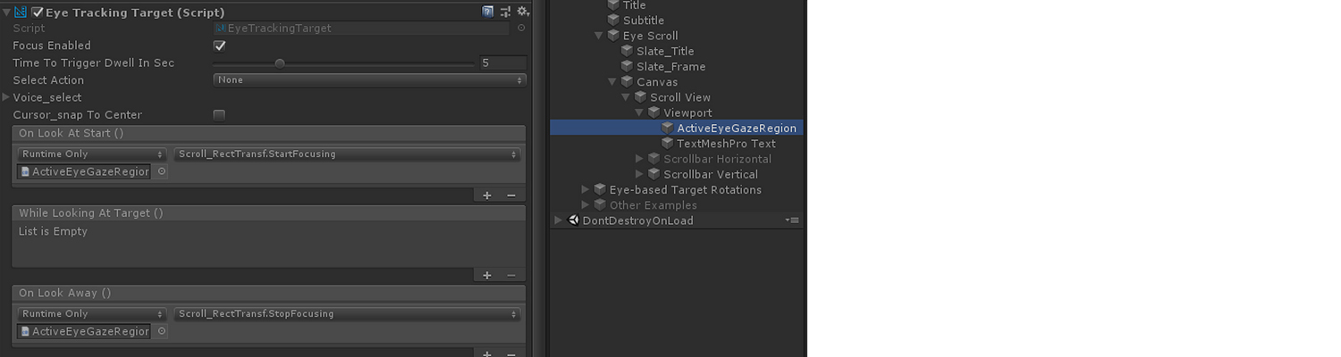 Eye-supported scroll setup in Unity: EyeTrackingTarget